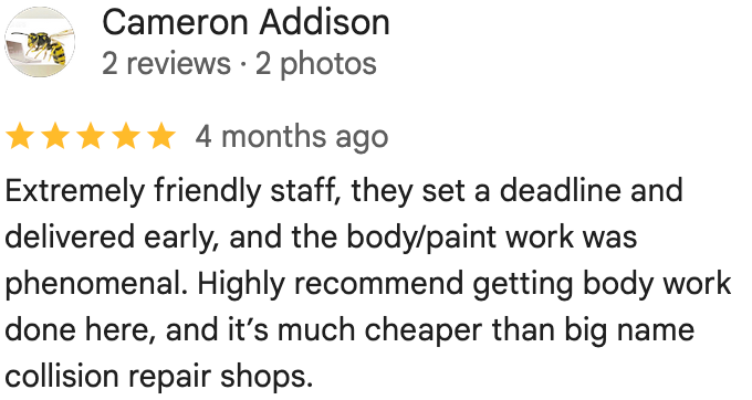 5-star Google review from Cameron Addison highlighting friendly staff and phenomenal work