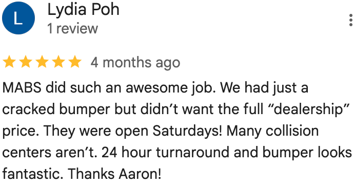 5-star Google review from Lydia Poh praising Saturday availability and quick turnaround