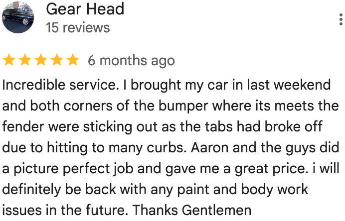 5-star Google review from Gear Head about excellent bumper repair service
