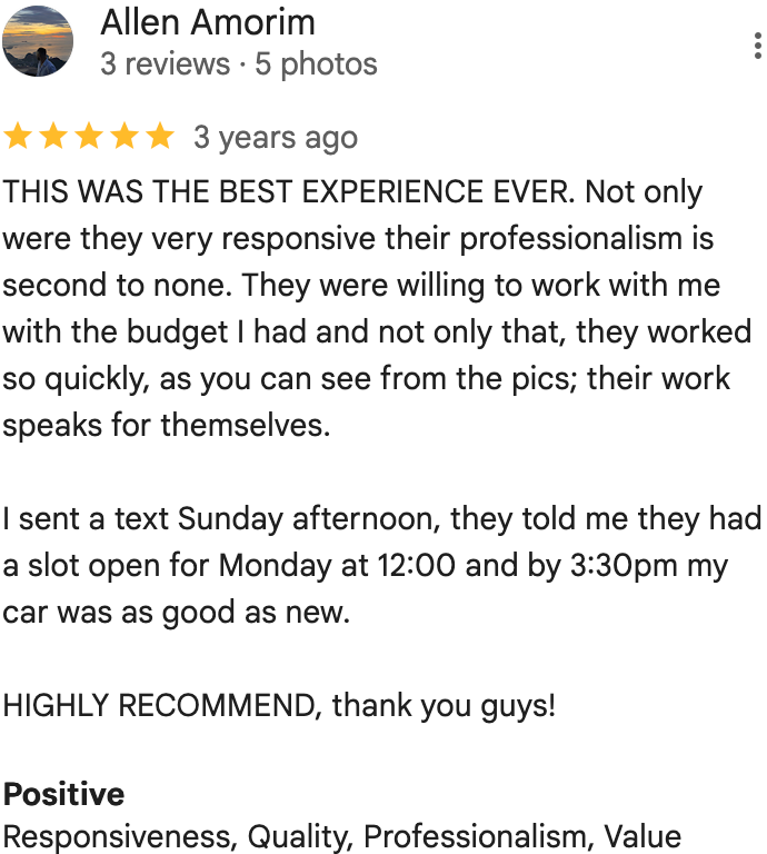 5-star Google review from Allen Amorim praising responsiveness and professionalism