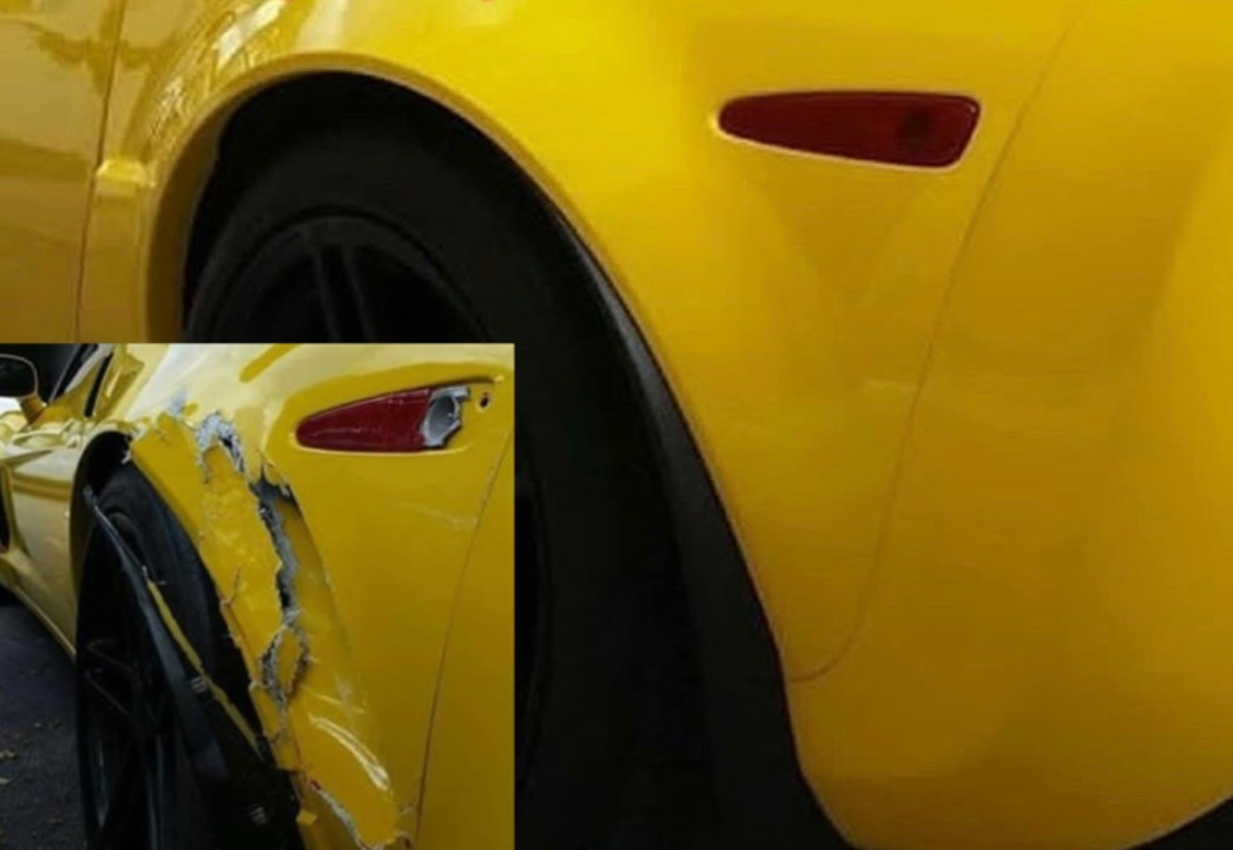 Yellow car collision repair before and after transformation